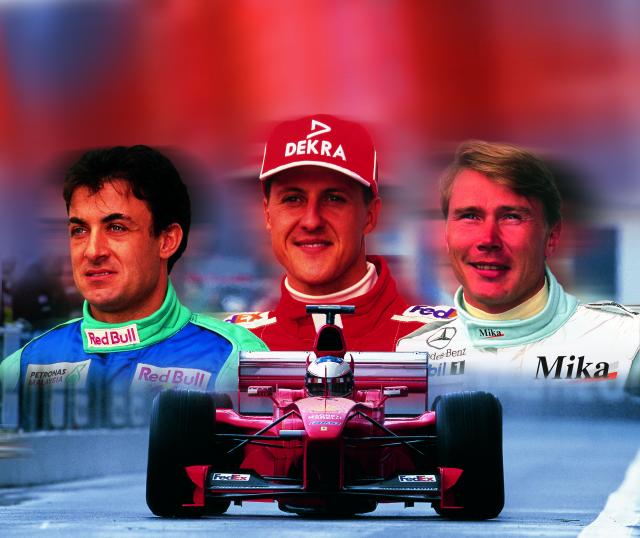 3 Ökumenn formúlu 1. Þeir Jean Alesi, Michael Schumacher og Mika Hakkinen