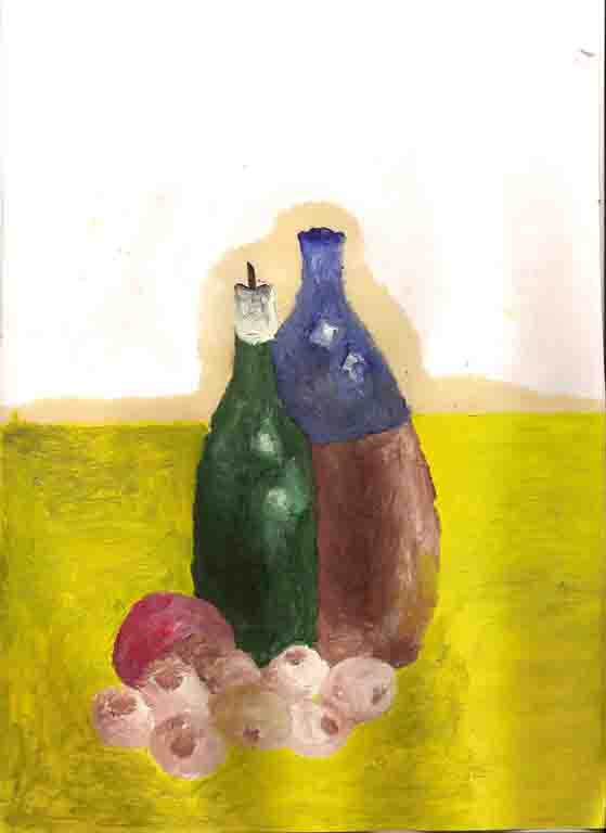 Still life- kerti, epli, flaska og hvítlaukur.